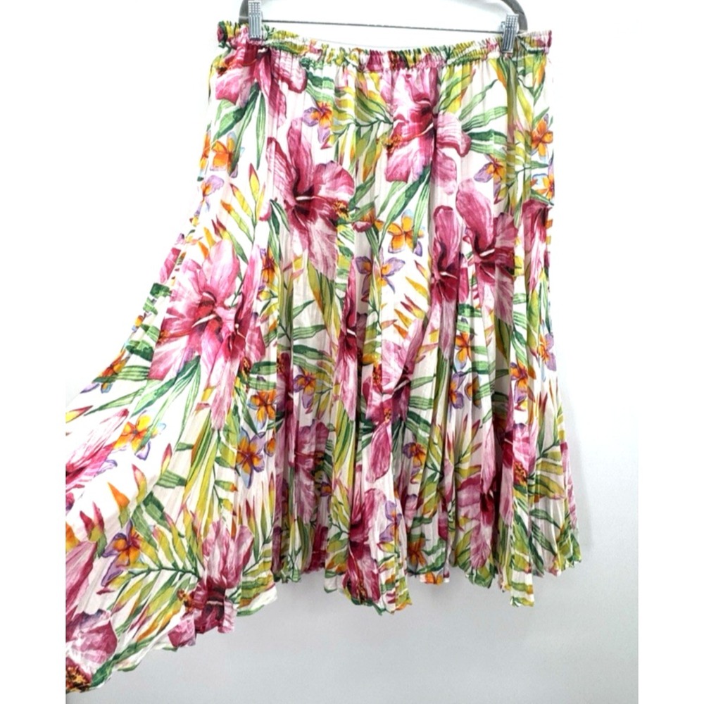Vintage Womens 2X Midi Skirt Tropical Floral Flowy Resortwear Cottagecore Vacay